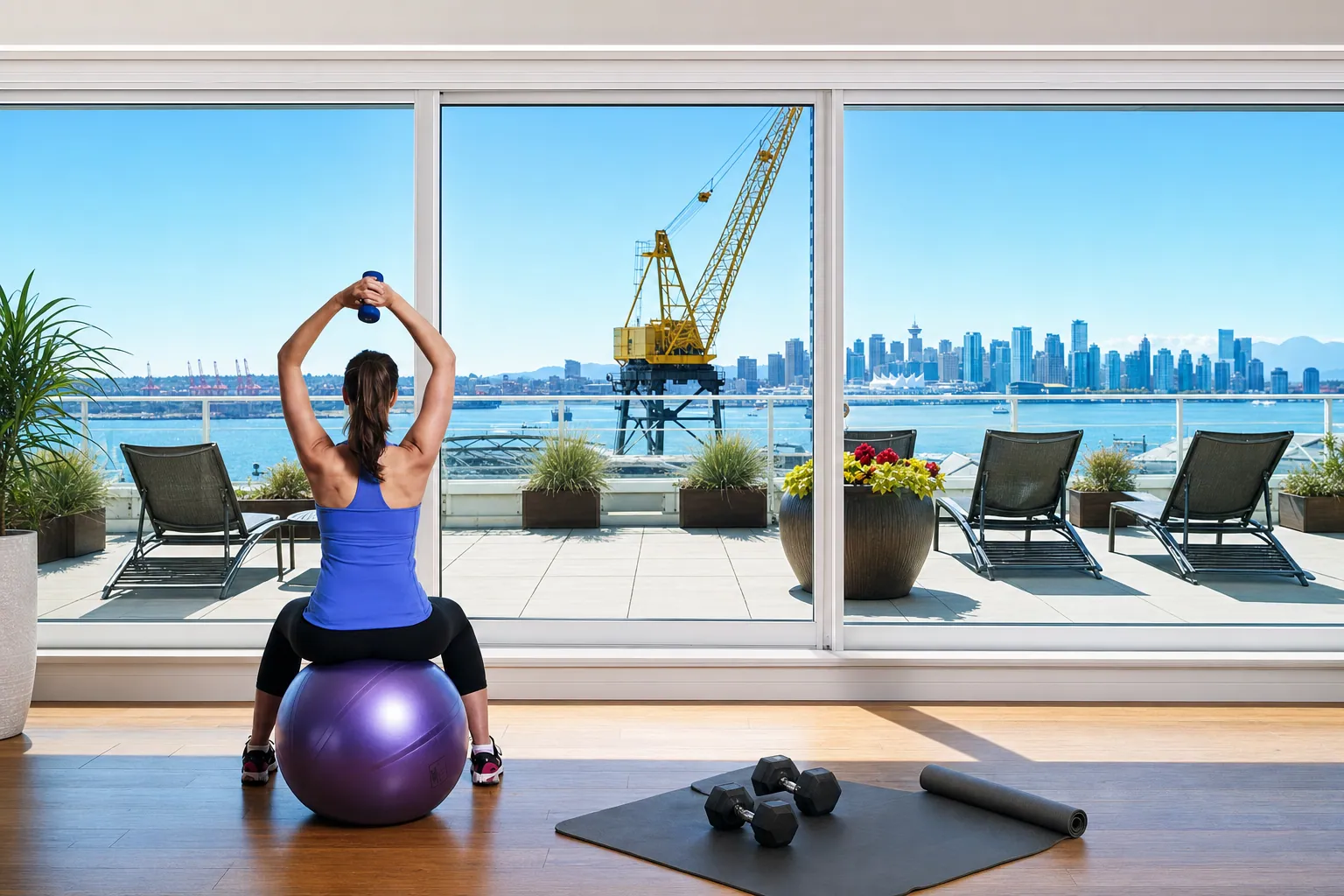 Fitness facility with terrace and Vancouver skyline view